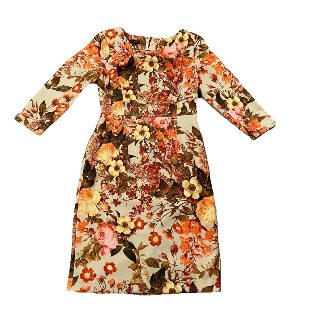 Talbots Retro 70's Floral Print 3/4 Length Sleeve Shift Dress Zippered Women's 2